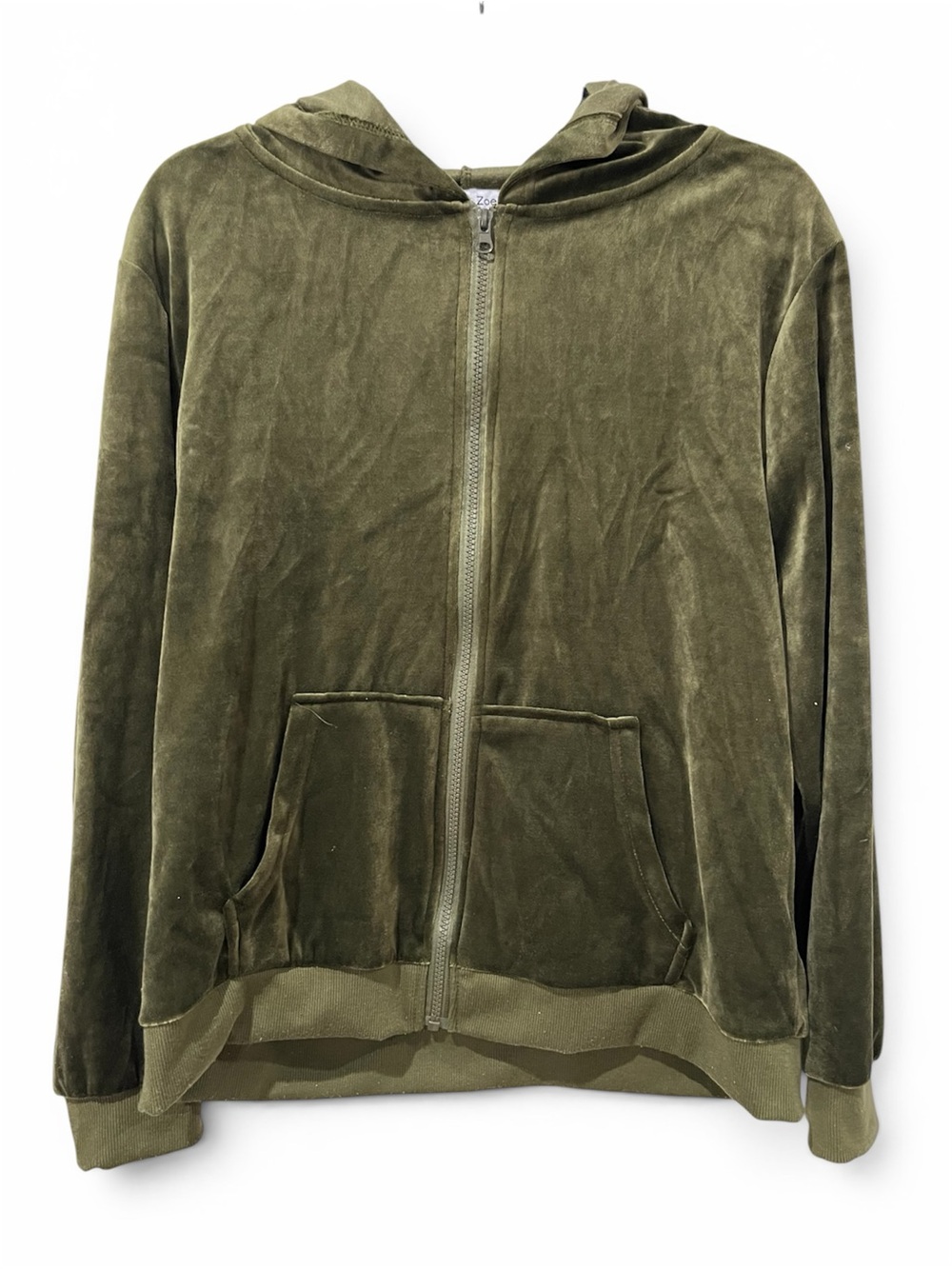 Allison+Zoe SzL Olive Green Velvet Zip-Front Hooded Cardigan